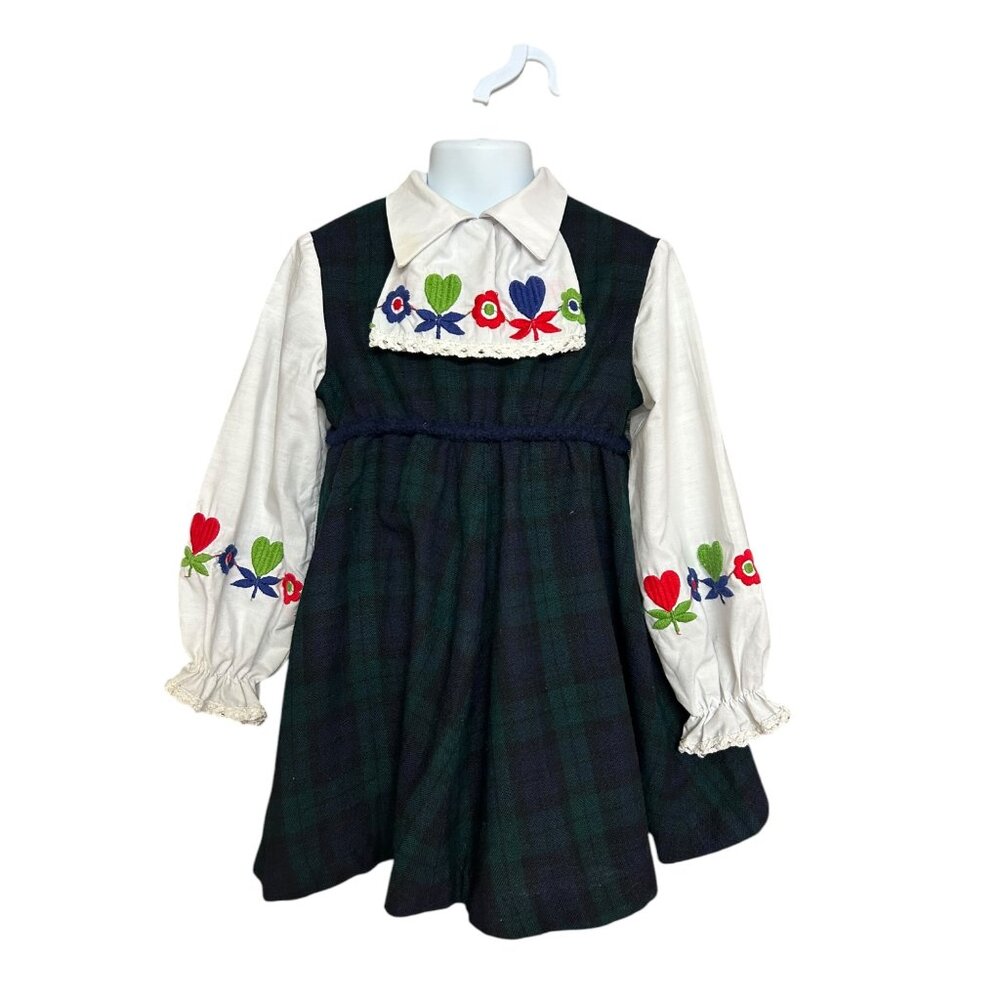 Vintage 1960s Girls Plaid Wool Blend Embroidery Dress Size 6